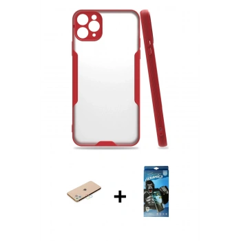 MARSİLYAN™- iPhone 11 Pro Max Kılıf Atlas Asil Serisi - Siyah 34D Izgaralı Cam + Renkli Kamera Lens Koruma Cam - MI