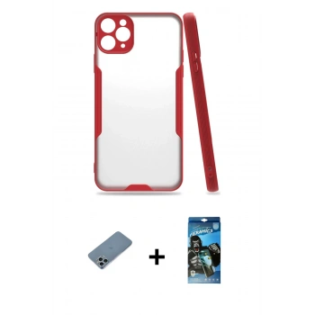 MARSİLYAN™- iPhone 11 Pro Max Kılıf Atlas Asil Serisi - Siyah 34D Izgaralı Cam + Shine Kamera Lens Koruma Cam - SABE