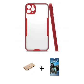 MARSİLYAN™- iPhone 11 Pro Max Kılıf Atlas Asil Serisi - Siyah 34D Izgaralı Cam + Renkli Kamera Lens Koruma Cam - TU