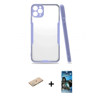 MARSİLYAN™- iPhone 11 Pro Max Kılıf Atlas Asil Serisi - Siyah 34D Izgaralı Cam + Renkli Kamera Lens Koruma Cam - YL