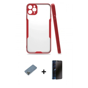 MARSİLYAN™- iPhone 11 Pro Max Kılıf Atlas Asil Serisi - Siyah 3D Antistatik Hayalet Cam Ekran Koruyucu + Metal Kamera Lens Koruma Cam - AKYL