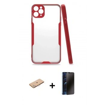 MARSİLYAN™- iPhone 11 Pro Max Kılıf Atlas Asil Serisi - Siyah 3D Antistatik Hayalet Cam Ekran Koruyucu + Renkli Kamera Lens Koruma Cam - PE