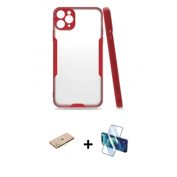 MARSİLYAN™- iPhone 11 Pro Max Kılıf Atlas Asil Serisi - Siyah 3D Antistatik Seramik Nano Ekran Koruyucu + Renkli Kamera Lens Koruma Cam - SI