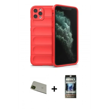 MARSİLYAN™- iPhone 11 Pro Max Kılıf Atlas Koleksiyonu - Siyah 34D Hayalet Izgaralı Cam + Rainbow Kamera Lens Koruma Cam - YL