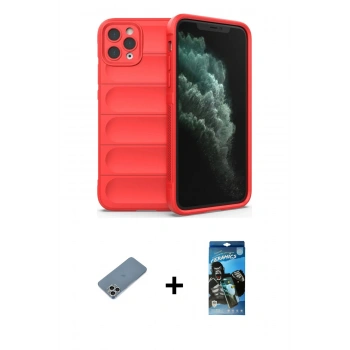 MARSİLYAN™- iPhone 11 Pro Max Kılıf Atlas Koleksiyonu - Siyah 34D Izgaralı Cam + Shine Kamera Lens Koruma Cam - GS