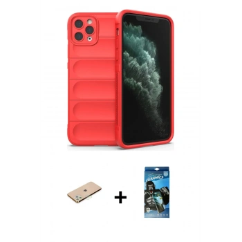 MARSİLYAN™- iPhone 11 Pro Max Kılıf Atlas Koleksiyonu - Siyah 34D Izgaralı Cam + Renkli Kamera Lens Koruma Cam - YL