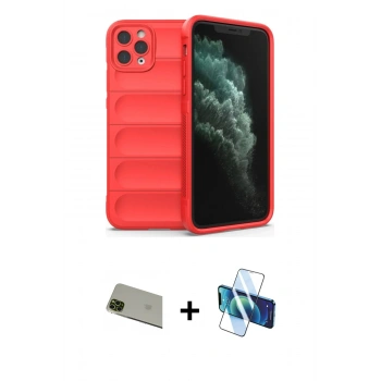 MARSİLYAN™- iPhone 11 Pro Max Kılıf Atlas Koleksiyonu - Siyah 3D Antistatik Cam Ekran Koruyucu + Rainbow Kamera Lens Koruma Cam - YL