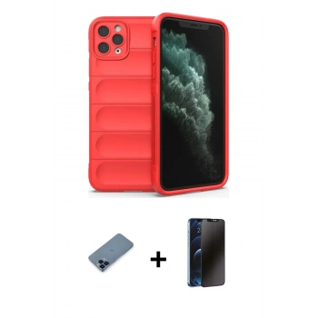 MARSİLYAN™- iPhone 11 Pro Max Kılıf Atlas Koleksiyonu - Siyah 3D Antistatik Hayalet Cam Ekran Koruyucu + Metal Kamera Lens Koruma Cam - MI