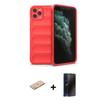MARSİLYAN™- iPhone 11 Pro Max Kılıf Atlas Koleksiyonu - Siyah 3D Antistatik Hayalet Cam Ekran Koruyucu + Renkli Kamera Lens Koruma Cam - YL