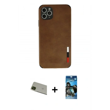 MARSİLYAN™- iPhone 11 Pro Max Kılıf Doruk Asil Koleksiyonu - Siyah 34D Izgaralı Cam + Rainbow Kamera Lens Koruma Cam - YL