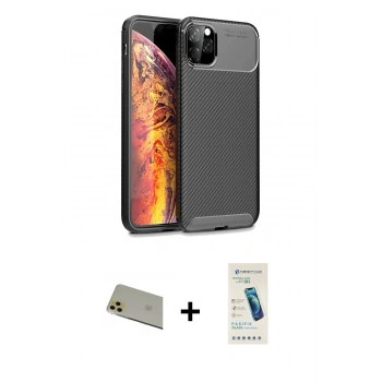 MARSİLYAN™- iPhone 11 Pro Max Kılıf Eksen Form Prime - Şeffaf Pasifik Cam Ekran Koruyucu + Rainbow Kamera Lens Koruma Cam - GD