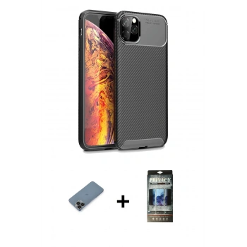 MARSİLYAN™- iPhone 11 Pro Max Kılıf Eksen Form Prime - Siyah 34D Hayalet Izgaralı Cam + Metal Kamera Lens Koruma Cam - SH
