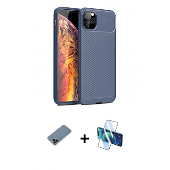 MARSİLYAN™- iPhone 11 Pro Max Kılıf Eksen Form Prime - Siyah 3D Antistatik Cam Ekran Koruyucu + Metal Kamera Lens Koruma Cam - SH