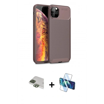 MARSİLYAN™- iPhone 11 Pro Max Kılıf Eksen Form Prime - Siyah 3D Antistatik Cam Ekran Koruyucu + Pers Alüminyum Kamera Lens - YL