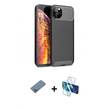 MARSİLYAN™- iPhone 11 Pro Max Kılıf Eksen Form Prime - Siyah 3D Antistatik Cam Ekran Koruyucu + Shine Kamera Lens Koruma Cam - SABE