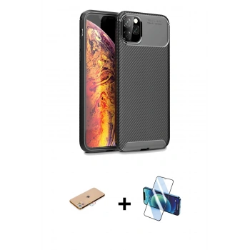 MARSİLYAN™- iPhone 11 Pro Max Kılıf Eksen Form Prime - Siyah 3D Antistatik Seramik Nano Ekran Koruyucu + Renkli Kamera Lens Koruma Cam - PE