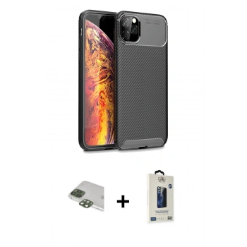 MARSİLYAN™- iPhone 11 Pro Max Kılıf Eksen Form Prime - Siyah Bilvis Hayalet Cam Ekran Koruyucu + Pers Alüminyum Kamera Lens - YL