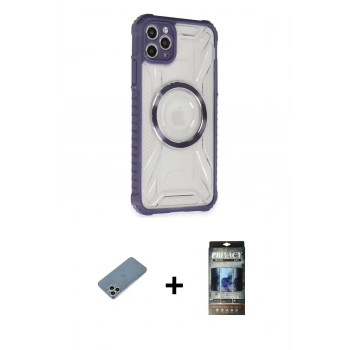 MARSİLYAN™- iPhone 11 Pro Max Kılıf Kutup Modern - Siyah 34D Hayalet Izgaralı Cam + Shine Kamera Lens Koruma Cam - GS