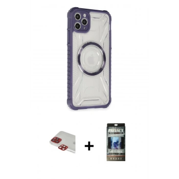 MARSİLYAN™- iPhone 11 Pro Max Kılıf Kutup Modern - Siyah 34D Hayalet Izgaralı Cam + Pers Alüminyum Kamera Lens - KI
