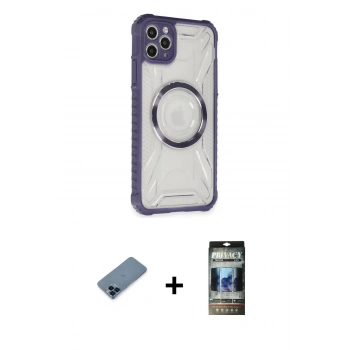 MARSİLYAN™- iPhone 11 Pro Max Kılıf Kutup Modern - Siyah 34D Hayalet Izgaralı Cam + Metal Kamera Lens Koruma Cam - MI