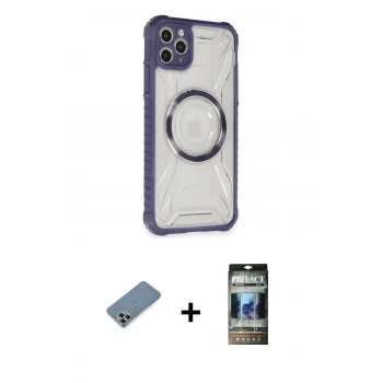 MARSİLYAN™- iPhone 11 Pro Max Kılıf Kutup Modern - Siyah 34D Hayalet Izgaralı Cam + Metal Kamera Lens Koruma Cam - GD