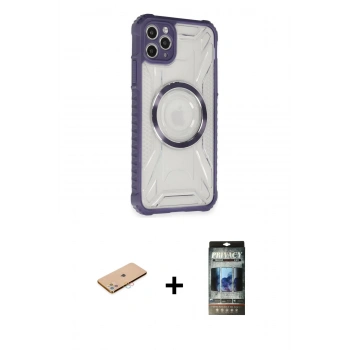 MARSİLYAN™- iPhone 11 Pro Max Kılıf Kutup Modern - Siyah 34D Hayalet Izgaralı Cam + Renkli Kamera Lens Koruma Cam - PE