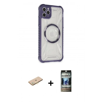 MARSİLYAN™- iPhone 11 Pro Max Kılıf Kutup Modern - Siyah 34D Hayalet Izgaralı Cam + Renkli Kamera Lens Koruma Cam - SI