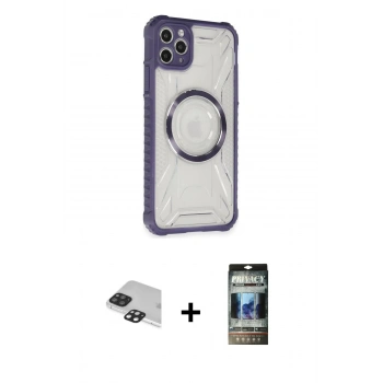 MARSİLYAN™- iPhone 11 Pro Max Kılıf Kutup Modern - Siyah 34D Hayalet Izgaralı Cam + Pers Alüminyum Kamera Lens - SH