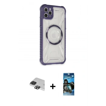 MARSİLYAN™- iPhone 11 Pro Max Kılıf Kutup Modern - Siyah 34D Izgaralı Cam + Pers Alüminyum Kamera Lens - SH