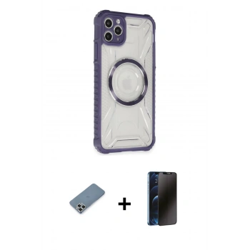MARSİLYAN™- iPhone 11 Pro Max Kılıf Kutup Modern - Siyah 3D Antistatik Hayalet Cam Ekran Koruyucu + Metal Kamera Lens Koruma Cam - GS