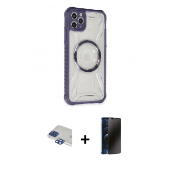 MARSİLYAN™- iPhone 11 Pro Max Kılıf Kutup Modern - Siyah 3D Antistatik Hayalet Cam Ekran Koruyucu + Pers Alüminyum Kamera Lens - LT