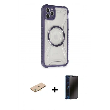 MARSİLYAN™- iPhone 11 Pro Max Kılıf Kutup Modern - Siyah 3D Antistatik Hayalet Cam Ekran Koruyucu + Renkli Kamera Lens Koruma Cam - SI