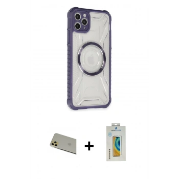 MARSİLYAN™- iPhone 11 Pro Max Kılıf Kutup Modern - Siyah Polymer Nano Ekran Koruyucu + Rainbow Kamera Lens Koruma Cam - GD