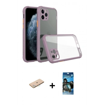 MARSİLYAN™- iPhone 11 Pro Max Kılıf Nova Asil Özel Seri - Siyah 34D Izgaralı Cam + Renkli Kamera Lens Koruma Cam - MI