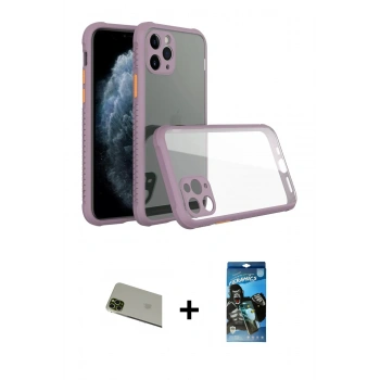 MARSİLYAN™- iPhone 11 Pro Max Kılıf Nova Asil Özel Seri - Siyah 34D Izgaralı Cam + Rainbow Kamera Lens Koruma Cam - YL