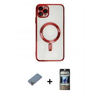 MARSİLYAN™- iPhone 11 Pro Max Kılıf Nova Işık Özel Seri - Siyah 34D Hayalet Izgaralı Cam + Metal Kamera Lens Koruma Cam - GD