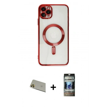 MARSİLYAN™- iPhone 11 Pro Max Kılıf Nova Işık Özel Seri - Siyah 34D Hayalet Izgaralı Cam + Rainbow Kamera Lens Koruma Cam - GD