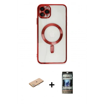 MARSİLYAN™- iPhone 11 Pro Max Kılıf Nova Işık Özel Seri - Siyah 34D Hayalet Izgaralı Cam + Renkli Kamera Lens Koruma Cam - PE