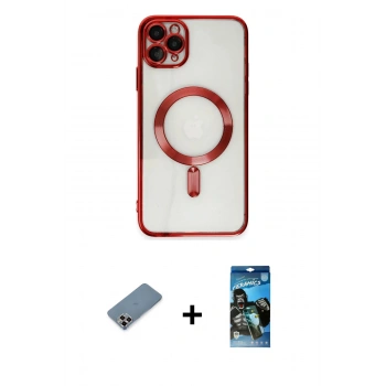 MARSİLYAN™- iPhone 11 Pro Max Kılıf Nova Işık Özel Seri - Siyah 34D Izgaralı Cam + Metal Kamera Lens Koruma Cam - MR