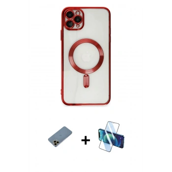MARSİLYAN™- iPhone 11 Pro Max Kılıf Nova Işık Özel Seri - Siyah 3D Antistatik Cam Ekran Koruyucu + Shine Kamera Lens Koruma Cam - GD