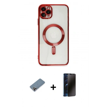MARSİLYAN™- iPhone 11 Pro Max Kılıf Nova Işık Özel Seri - Siyah 3D Antistatik Hayalet Cam Ekran Koruyucu + Metal Kamera Lens Koruma Cam - MR