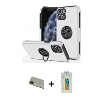 MARSİLYAN™- iPhone 11 Pro Max Kılıf Odak Form Prime - Siyah Polymer Nano Ekran Koruyucu + Rainbow Kamera Lens Koruma Cam - YL
