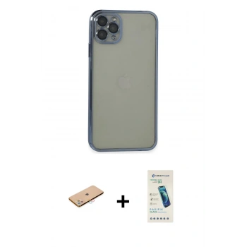 MARSİLYAN™- iPhone 11 Pro Max Kılıf Vadi Minimal - Şeffaf Pasifik Cam Ekran Koruyucu + Renkli Kamera Lens Koruma Cam - PE