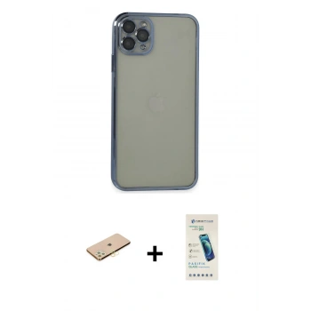 MARSİLYAN™- iPhone 11 Pro Max Kılıf Vadi Minimal - Şeffaf Pasifik Cam Ekran Koruyucu + Renkli Kamera Lens Koruma Cam - SI