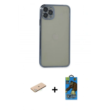 MARSİLYAN™- iPhone 11 Pro Max Kılıf Vadi Minimal - Siyah 18D Cam Ekran Koruyucu + Renkli Kamera Lens Koruma Cam - MI