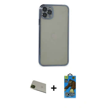 MARSİLYAN™- iPhone 11 Pro Max Kılıf Vadi Minimal - Siyah 18D Cam Ekran Koruyucu + Rainbow Kamera Lens Koruma Cam - YL