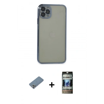 MARSİLYAN™- iPhone 11 Pro Max Kılıf Vadi Minimal - Siyah 34D Hayalet Izgaralı Cam + Shine Kamera Lens Koruma Cam - GS