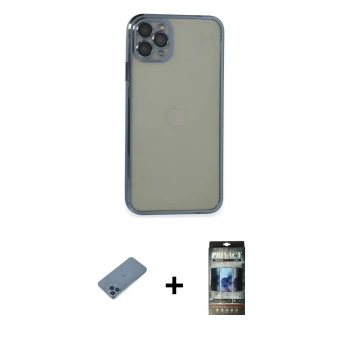 MARSİLYAN™- iPhone 11 Pro Max Kılıf Vadi Minimal - Siyah 34D Hayalet Izgaralı Cam + Shine Kamera Lens Koruma Cam - MI