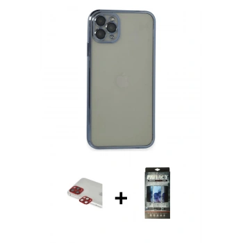 MARSİLYAN™- iPhone 11 Pro Max Kılıf Vadi Minimal - Siyah 34D Hayalet Izgaralı Cam + Pers Alüminyum Kamera Lens - KI