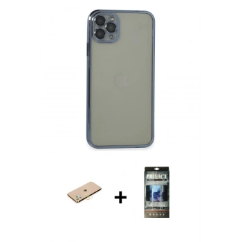 MARSİLYAN™- iPhone 11 Pro Max Kılıf Vadi Minimal - Siyah 34D Hayalet Izgaralı Cam + Renkli Kamera Lens Koruma Cam - SI